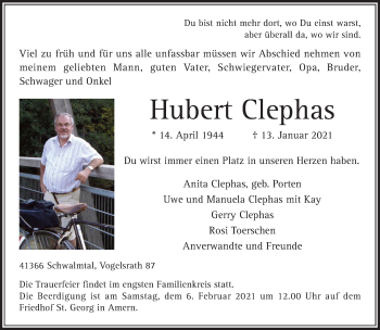 Traueranzeige von Hubert Clephas von trauer.extra-tipp-moenchengladbach.de