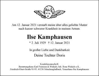 Traueranzeige von Ilse Kamphausen von trauer.extra-tipp-moenchengladbach.de