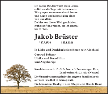 Traueranzeige von Jakob Brüster von trauer.extra-tipp-moenchengladbach.de