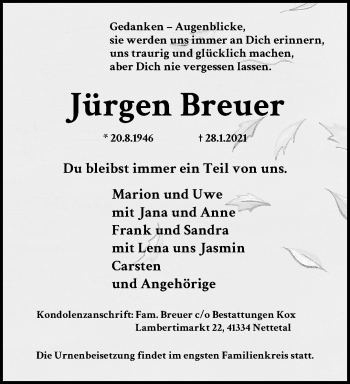 Traueranzeige von Jürgen Breuer von trauer.extra-tipp-moenchengladbach.de