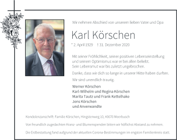 Traueranzeige von Karl Körschen von trauer.extra-tipp-moenchengladbach.de