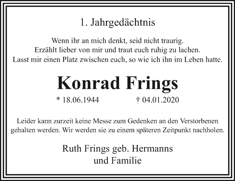  Traueranzeige für Konrad Frings vom 10.01.2021 aus trauer.extra-tipp-moenchengladbach.de