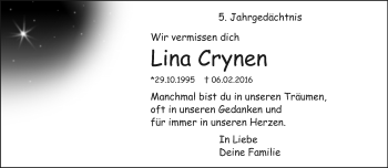 Traueranzeige von Lina Crynen von trauer.extra-tipp-moenchengladbach.de