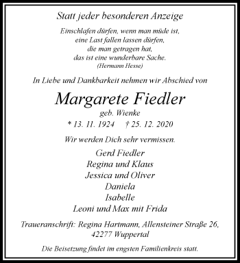 Traueranzeige von Margarete Fiedler von trauer.wuppertaler-rundschau.de