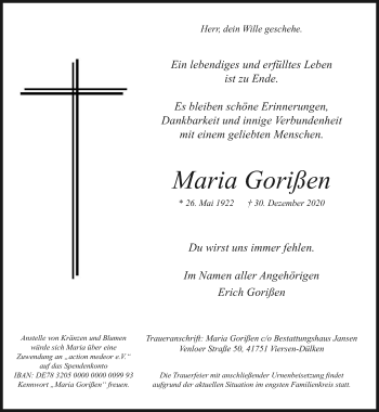 Traueranzeige von Maria Gorißen von trauer.extra-tipp-moenchengladbach.de