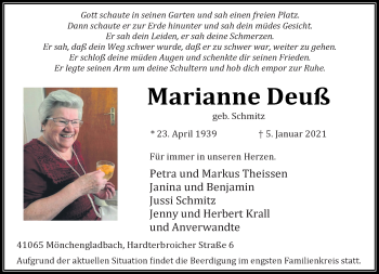 Traueranzeige von Marianne Deuß von trauer.extra-tipp-moenchengladbach.de