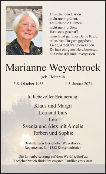 Traueranzeige von Marianne Weyerbrock von trauer.extra-tipp-moenchengladbach.de