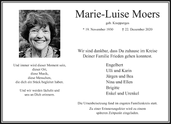 Traueranzeige von Marie-Luise Moers von trauer.extra-tipp-moenchengladbach.de