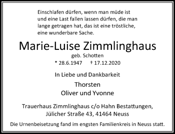 Traueranzeige von Marie-Luise Zimmlinghaus von trauer.extra-tipp-moenchengladbach.de