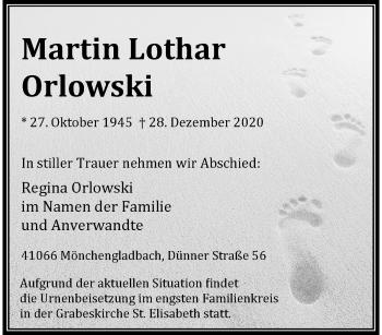 Traueranzeige von Martin Lothar Orlowski von trauer.extra-tipp-moenchengladbach.de