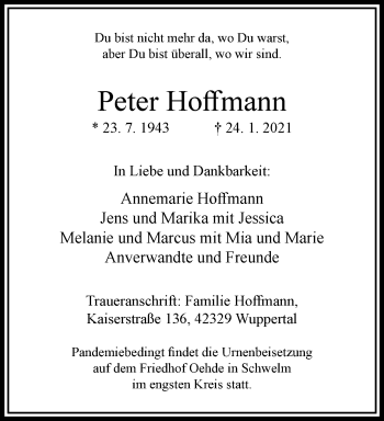 Traueranzeige von Peter Hoffmann von trauer.wuppertaler-rundschau.de