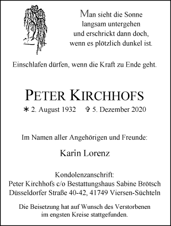 Traueranzeige von Peter Kirchhofs von trauer.extra-tipp-moenchengladbach.de