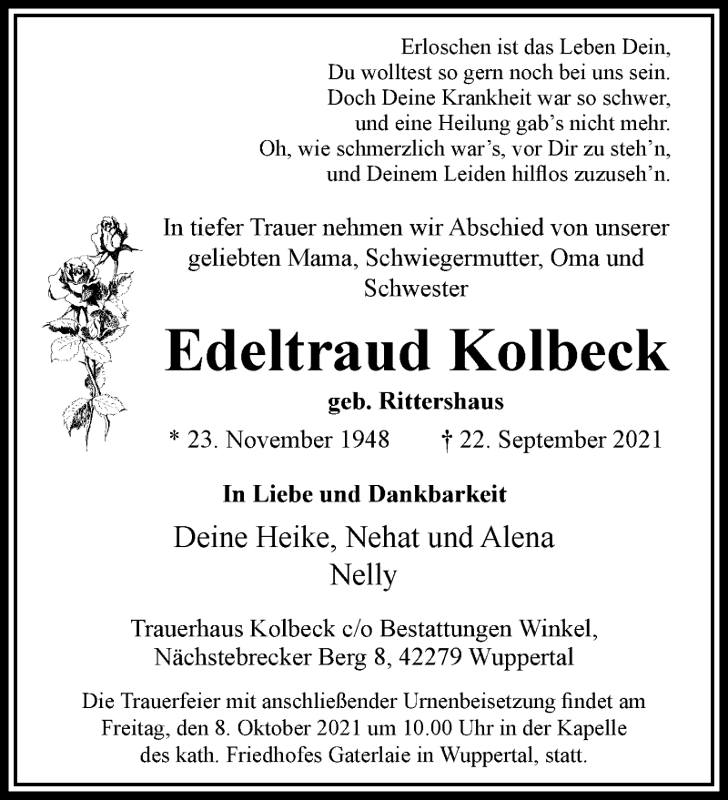  Traueranzeige für Edeltraud Kolbeck vom 02.10.2021 aus trauer.wuppertaler-rundschau.de