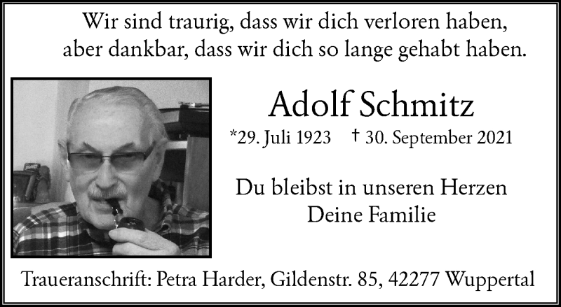  Traueranzeige für Adolf Schmitz vom 09.10.2021 aus trauer.wuppertaler-rundschau.de