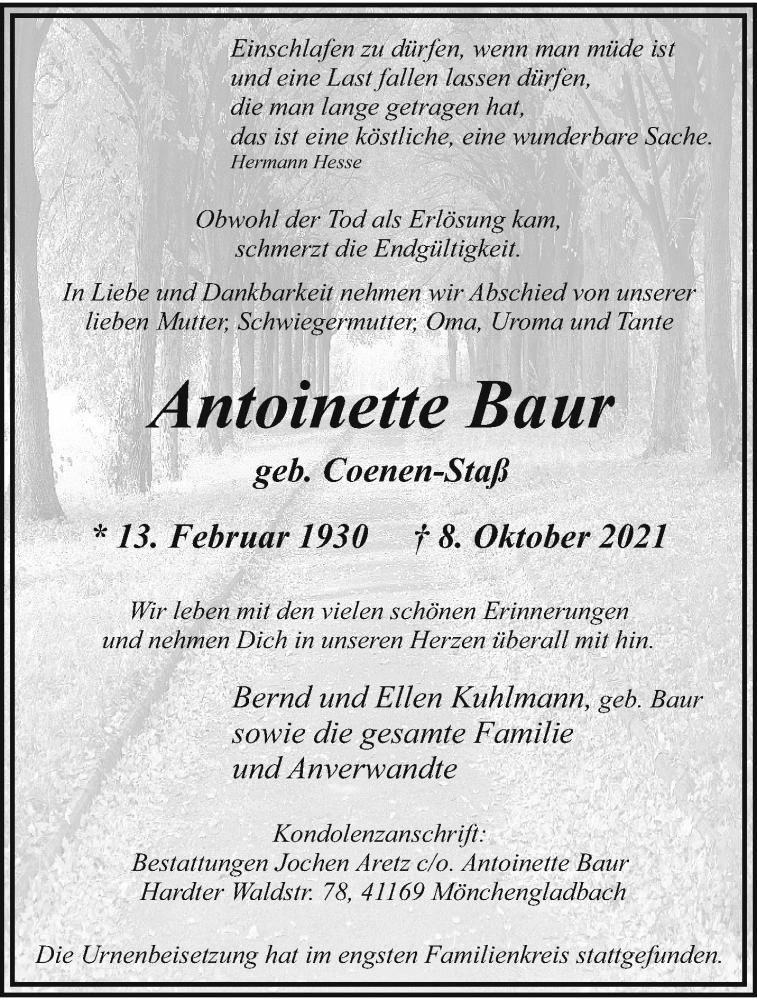  Traueranzeige für Antoinette Baur vom 24.10.2021 aus trauer.extra-tipp-moenchengladbach.de