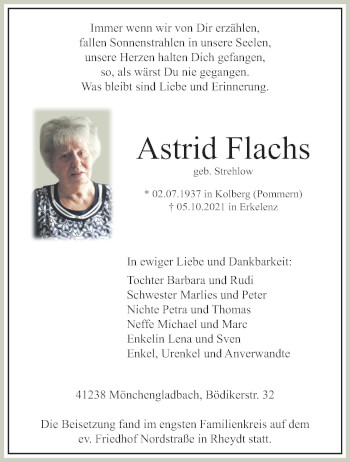 Traueranzeige von Astrid Flachs von trauer.extra-tipp-moenchengladbach.de