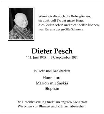 Traueranzeige von Dieter Pesch von trauer.extra-tipp-moenchengladbach.de