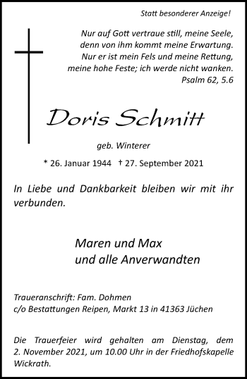 Traueranzeige von Doris Schmitt von trauer.extra-tipp-moenchengladbach.de