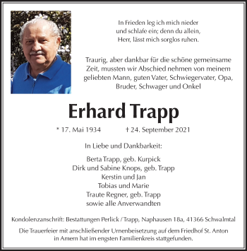 Traueranzeige von Erhard Trapp von trauer.extra-tipp-moenchengladbach.de