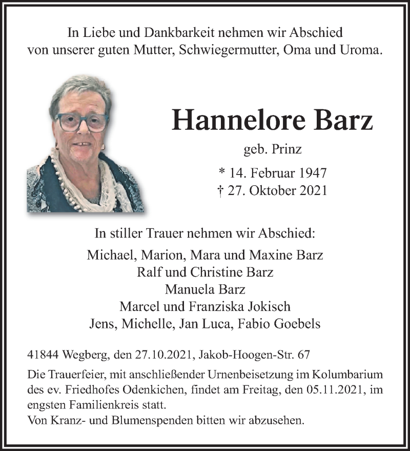  Traueranzeige für Hannelore Barz vom 31.10.2021 aus trauer.extra-tipp-moenchengladbach.de