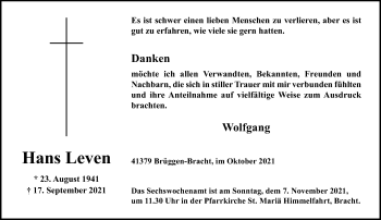 Traueranzeige von Hans Leven von trauer.extra-tipp-moenchengladbach.de