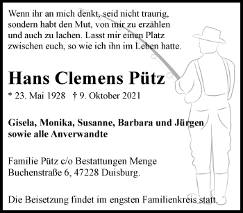 Traueranzeige von Hans Clemens Pütz von trauer.mein.krefeld.de