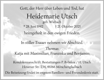 Traueranzeige von Heidemarie Utsch von trauer.extra-tipp-moenchengladbach.de