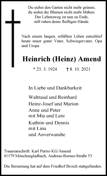 Traueranzeige von Heinrich Amend von trauer.extra-tipp-moenchengladbach.de