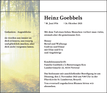 Traueranzeige von Heinz Goebbels von trauer.extra-tipp-moenchengladbach.de