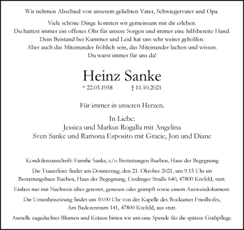 Traueranzeige von Heinz Sanke von trauer.mein.krefeld.de