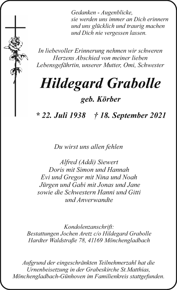  Traueranzeige für Hildegard Grabolle vom 03.10.2021 aus trauer.extra-tipp-moenchengladbach.de