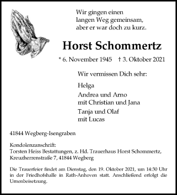 Traueranzeige von Horst Schommertz von trauer.extra-tipp-moenchengladbach.de