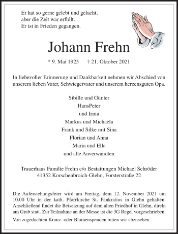 Traueranzeige von Johann Frehn von trauer.extra-tipp-moenchengladbach.de