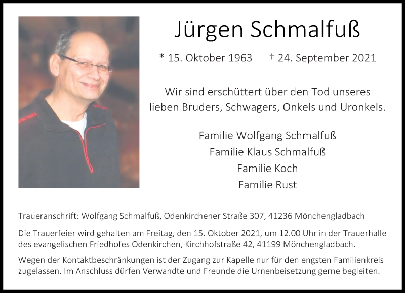  Traueranzeige für Jürgen Schmalfuß vom 03.10.2021 aus trauer.extra-tipp-moenchengladbach.de