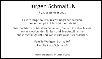 Traueranzeige von Jürgen Schmalfuß von trauer.extra-tipp-moenchengladbach.de
