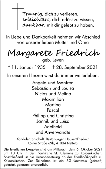 Traueranzeige von Margarete Friedrich von trauer.extra-tipp-moenchengladbach.de