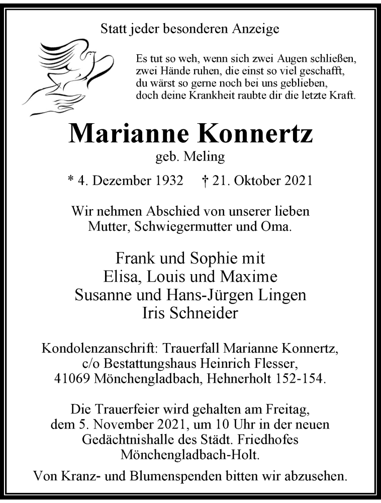  Traueranzeige für Marianne Konnertz vom 31.10.2021 aus trauer.extra-tipp-moenchengladbach.de