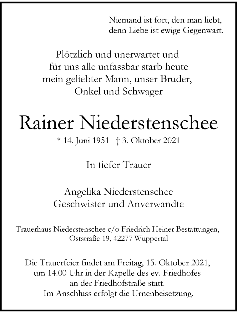  Traueranzeige für Rainer Niederstenschee vom 09.10.2021 aus trauer.wuppertaler-rundschau.de