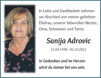 Traueranzeige von Sanija Adrovic von trauer.extra-tipp-moenchengladbach.de