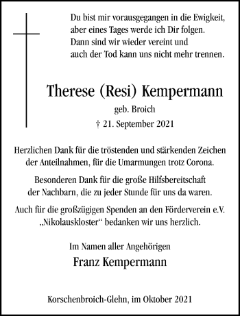 Traueranzeige von Therese Kempermann von trauer.extra-tipp-moenchengladbach.de