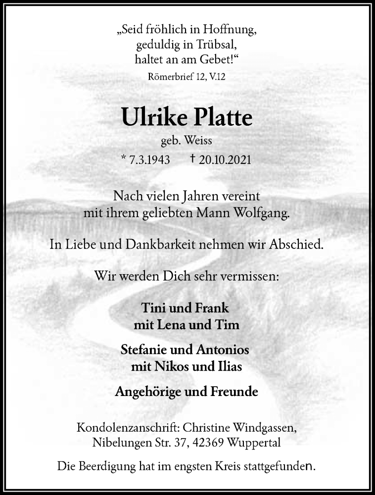  Traueranzeige für Ulrike Platte vom 30.10.2021 aus trauer.wuppertaler-rundschau.de