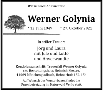 Traueranzeige von Werner Golynia von trauer.extra-tipp-moenchengladbach.de