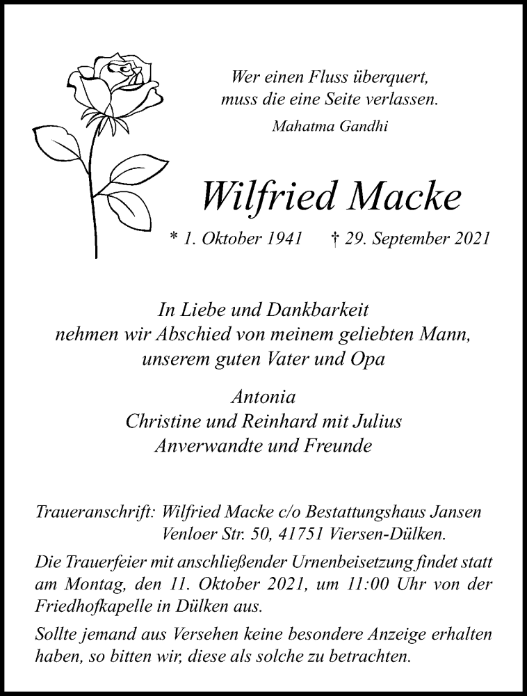  Traueranzeige für Wilfried Macke vom 10.10.2021 aus trauer.extra-tipp-moenchengladbach.de
