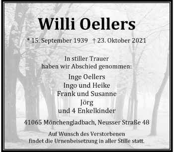 Traueranzeige von Willi Oellers von trauer.extra-tipp-moenchengladbach.de