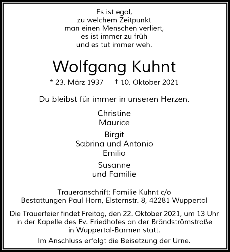  Traueranzeige für Wolfgang Kuhnt vom 16.10.2021 aus trauer.wuppertaler-rundschau.de