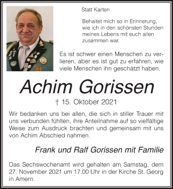 Traueranzeige von Achim Gorissen von trauer.extra-tipp-moenchengladbach.de