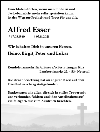 Traueranzeige von Alfred Esser von trauer.extra-tipp-moenchengladbach.de