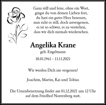 Traueranzeige von Angelika Krane von trauer.wuppertaler-rundschau.de