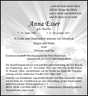 Traueranzeige von Anna Esser von trauer.extra-tipp-moenchengladbach.de