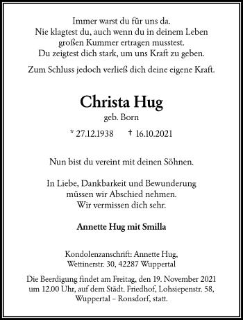 Traueranzeige von Christa Hug von trauer.wuppertaler-rundschau.de